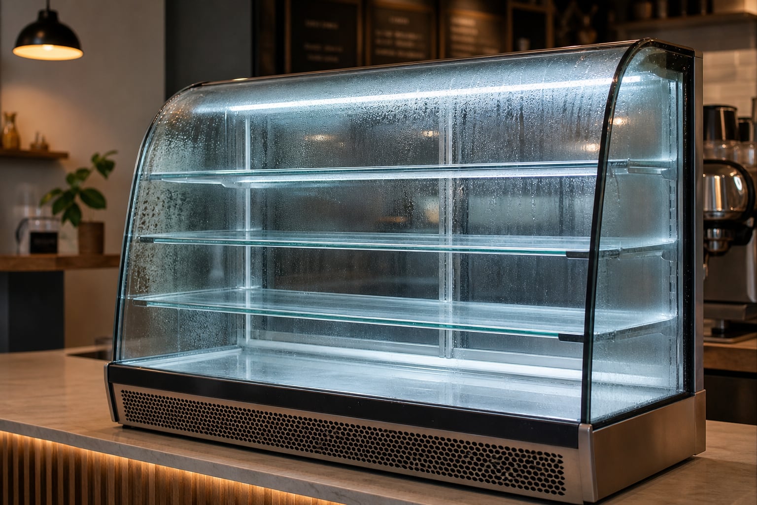 Chilled display cabinet in a café with glass front