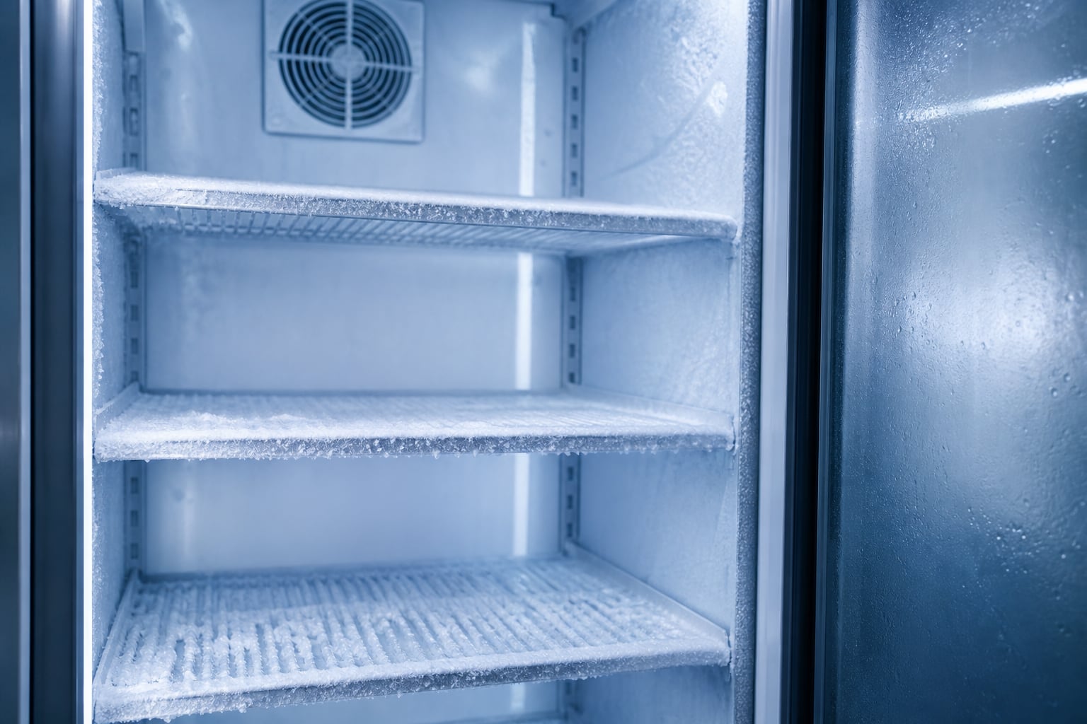 Commercial walk-in freezer interior with steel racking