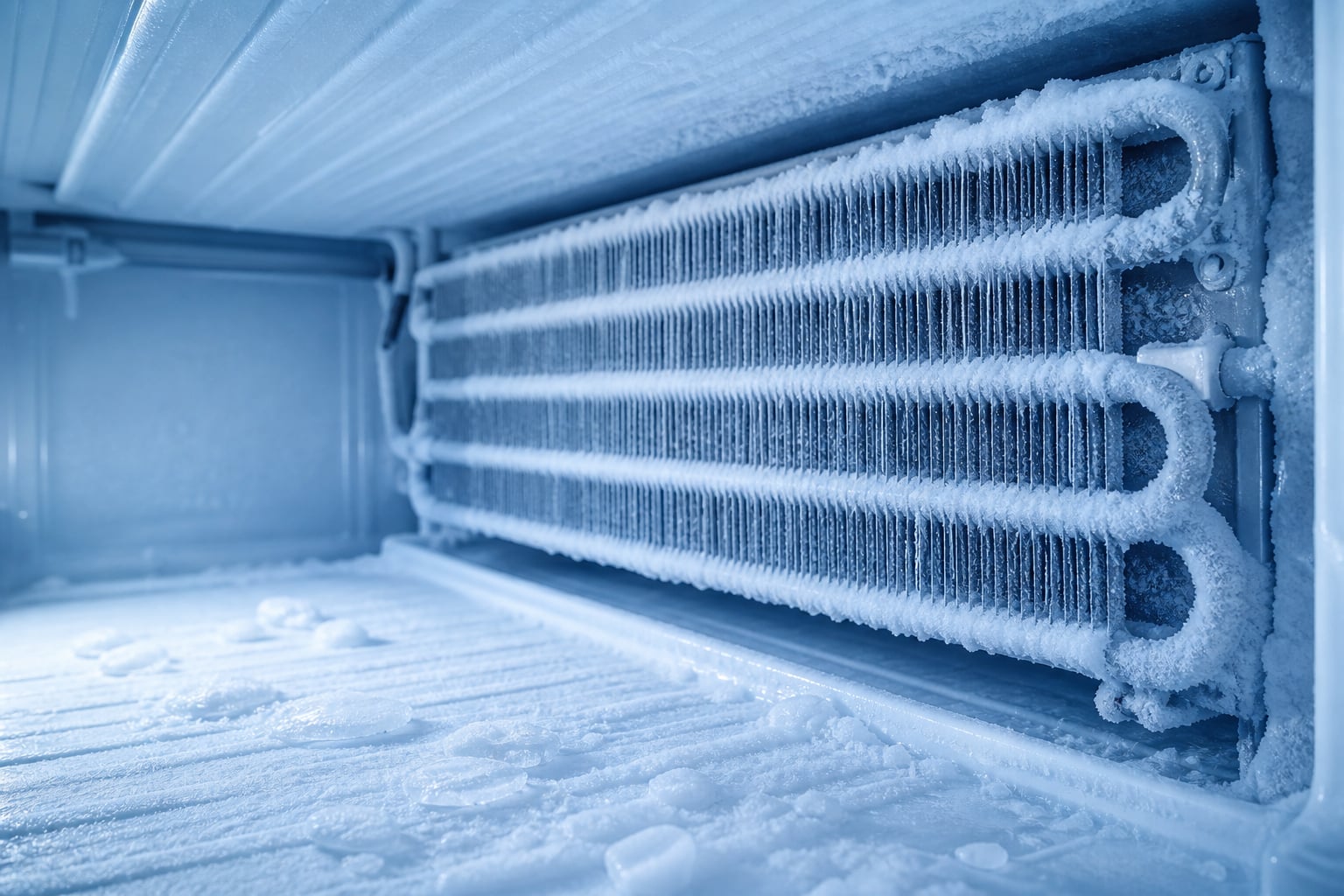 Iced evaporator coil inside a commercial freezer