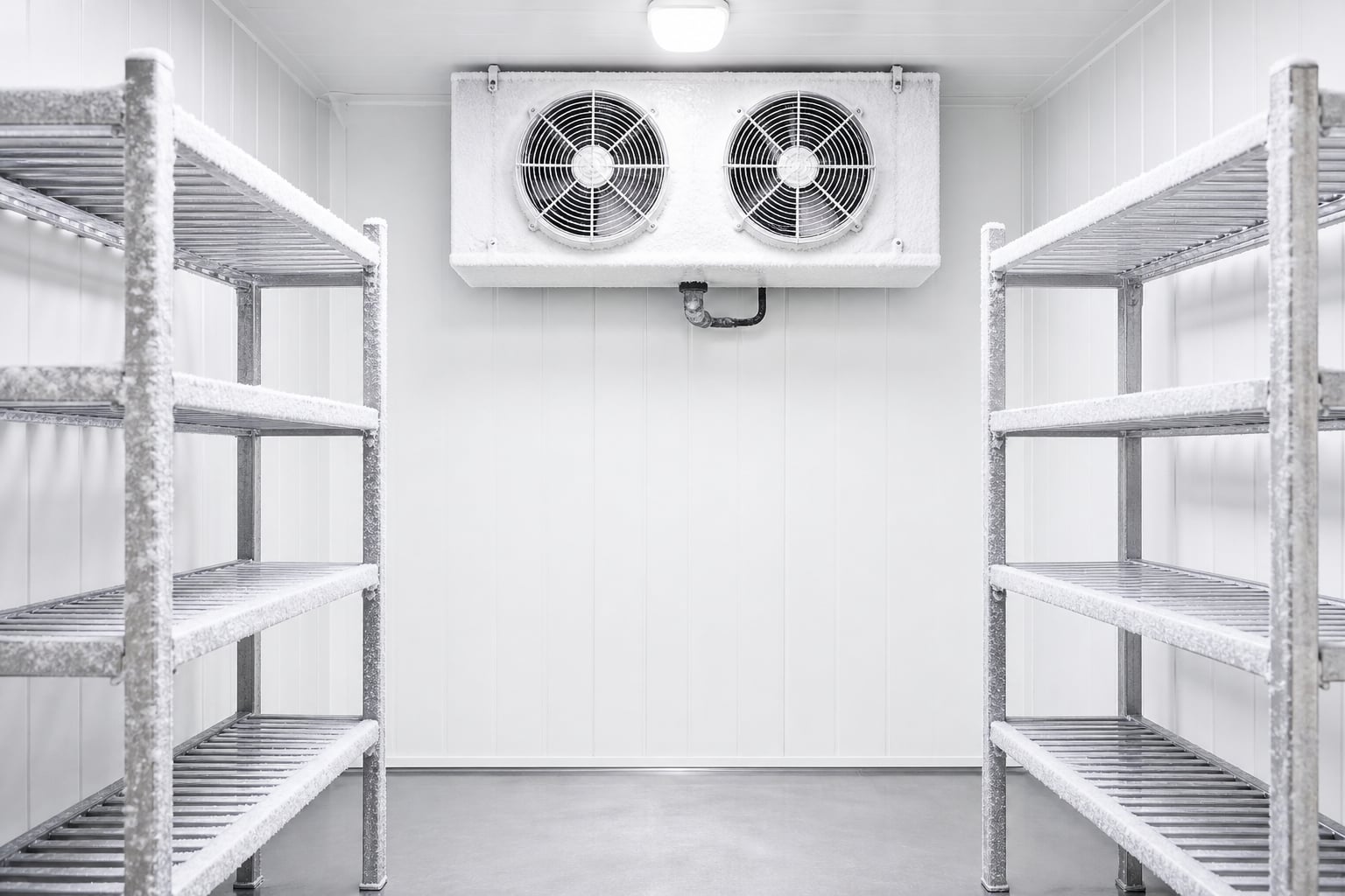 Walk-in cold room shelving and evaporator inside a hospitality kitchen
