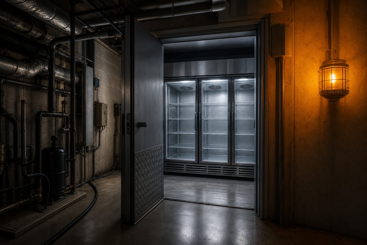 Commercial fridge plant room with steel cold-room door ajar