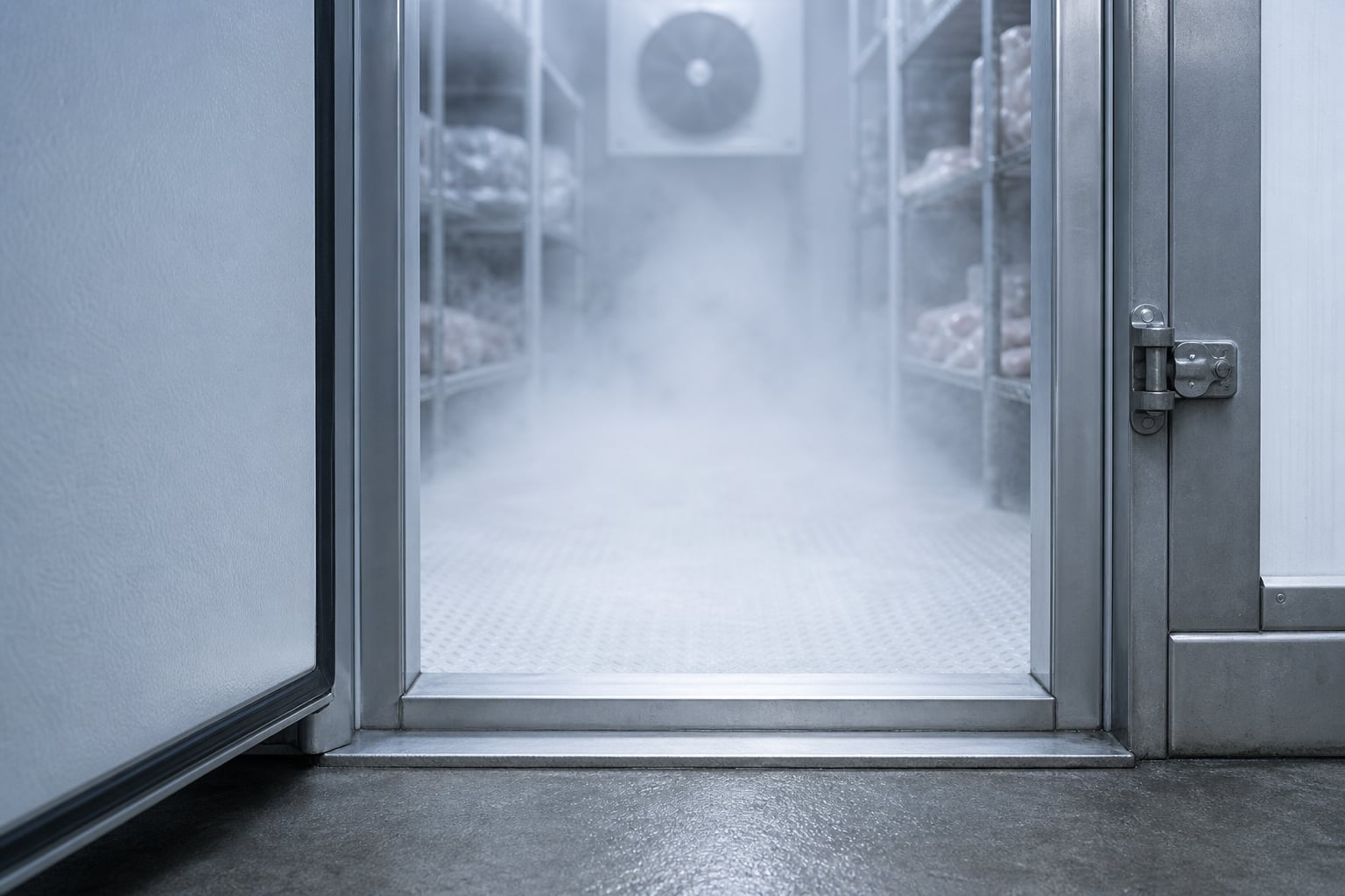 Commercial cold room threshold with frosted steel door
