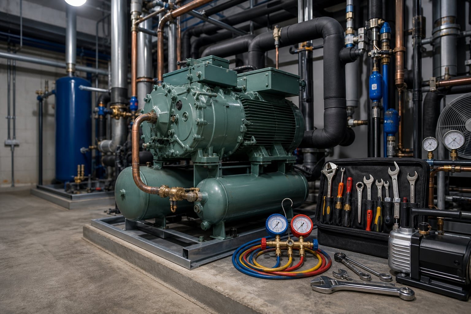 Commercial refrigeration engineer toolkit beside plant room equipment