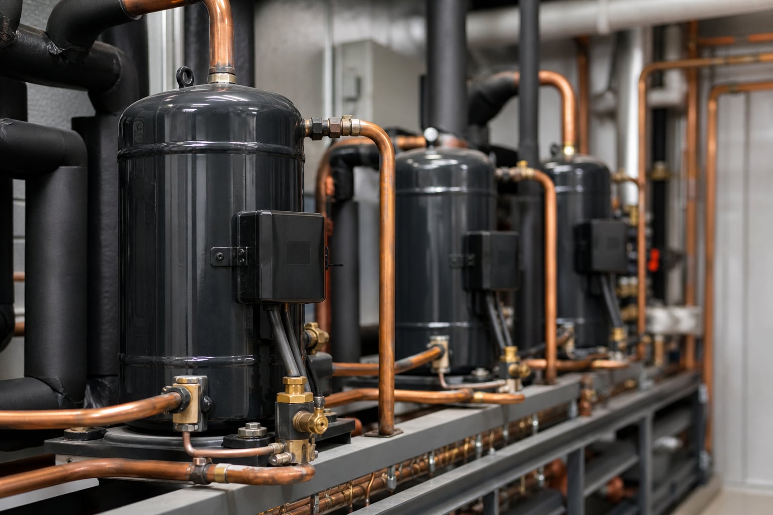 Commercial compressor and copper lines in a plant room