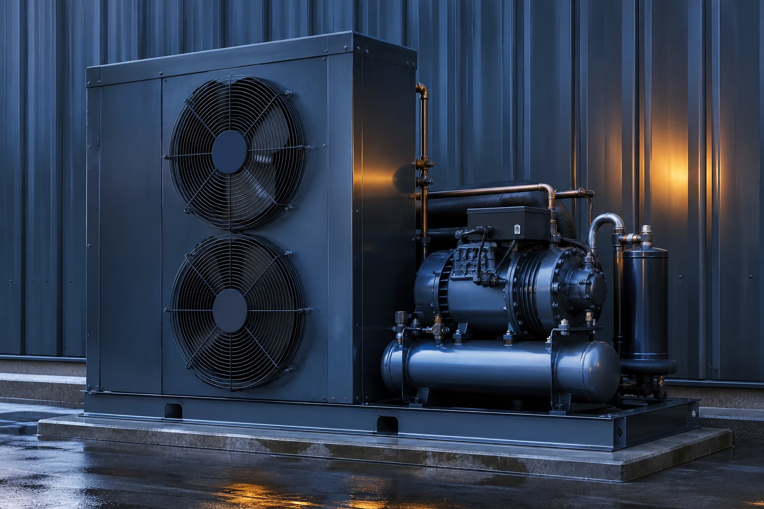 Compressor and condenser plant for commercial refrigeration