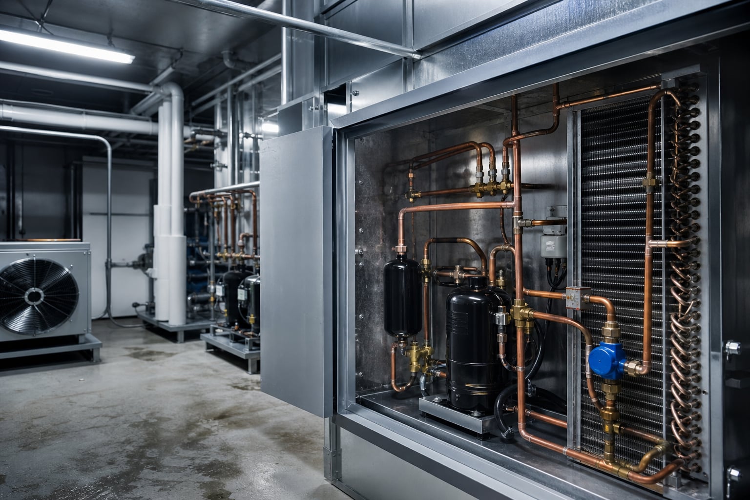 Commercial refrigeration plant room after diagnosis and repair